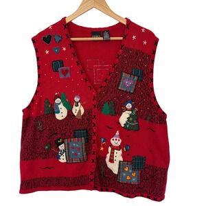 Vtg Erika Christmas Sweater Vest 3X Red Snowman Patchwork Grandmacore Novelty